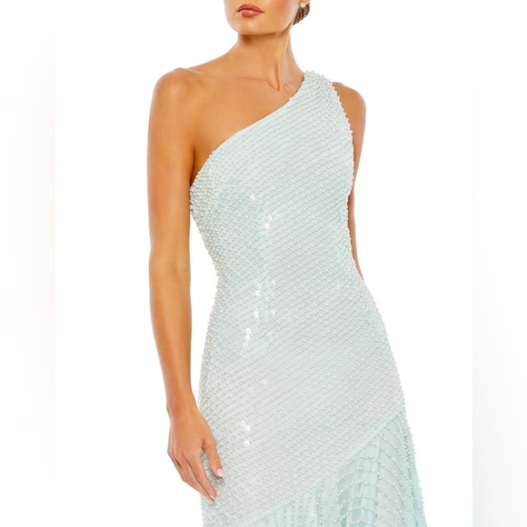 Mac Duggal Seafoam One Shoulder Pearl Embellished Asymmetric Dress - Size 4 - Picture 3 of 4